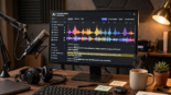 Podcast studio with AI audio editing software showing waveform and transcript