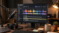 Podcast studio with AI audio editing software showing waveform and transcript