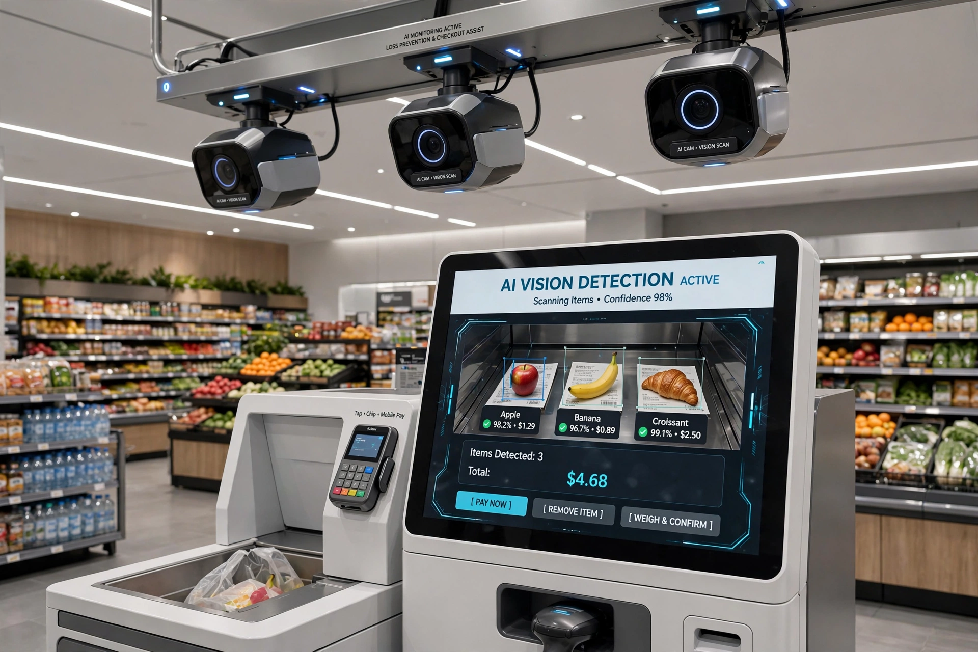 AI-powered self-checkout with vision cameras in grocery store