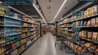 Retail store aisle with AI cameras and product detection overlay