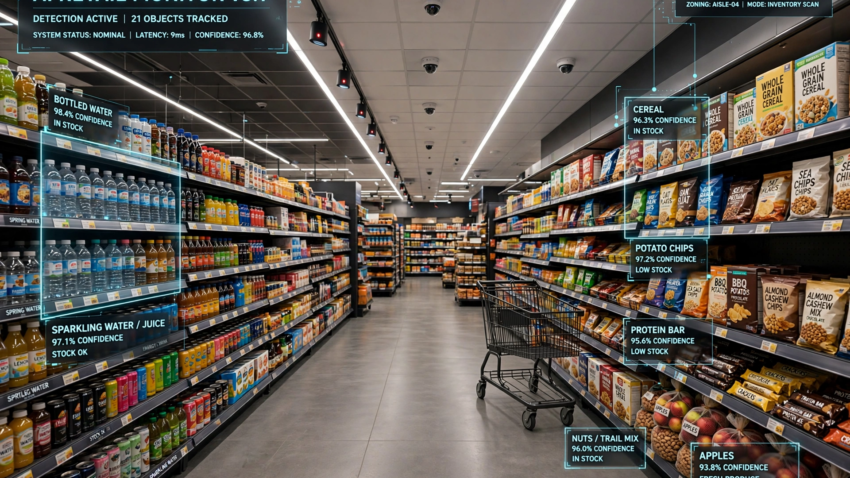 Retail store aisle with AI cameras and product detection overlay